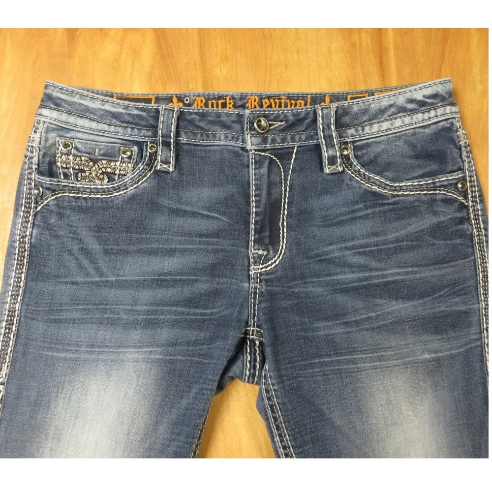 ROCK REVIVAL‎ Nancy Bootcut Jeans Womens 30 Blue Denim Fleur-de-lis Rhinestone